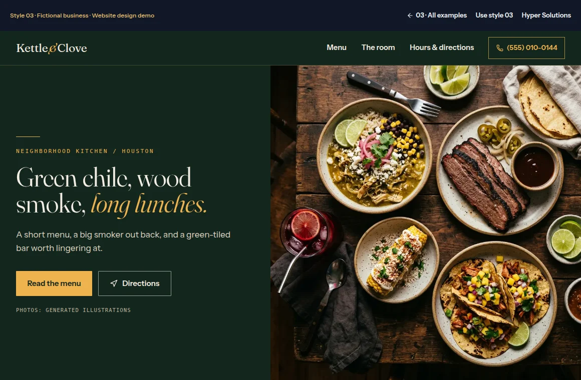 Current homepage screenshot of Kettle & Clove, a fictional website design demo
